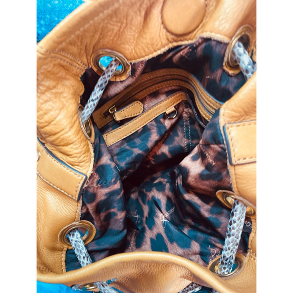 B Makowsky Tan Leather Bucket Bag Alligator Trim & Leopard Lining Ex Condition - Picture 7 of 16